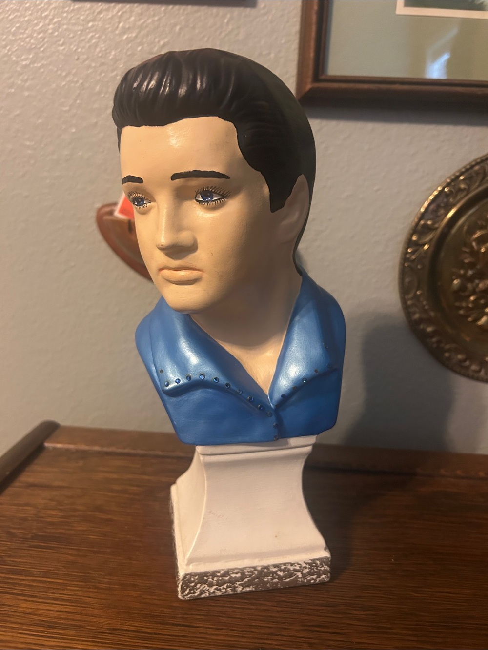 Elvis Presley Bust Ceramic Blue Shirt Blue Eyes 11 Inches Tall Statue